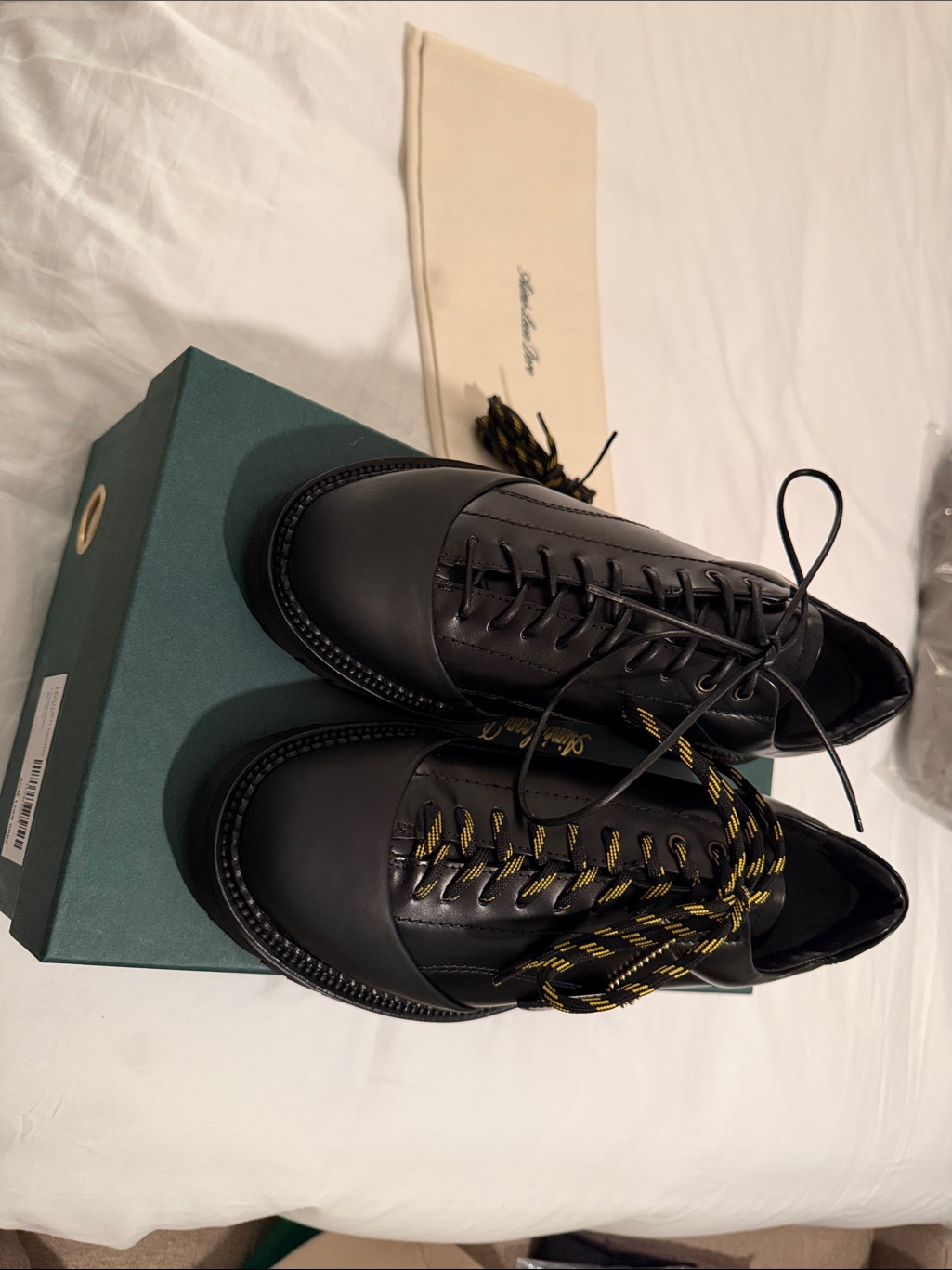 Aime Leon Dore Black Leather Derby Shoes With Yellow-Accent Laces — image 2 of 8